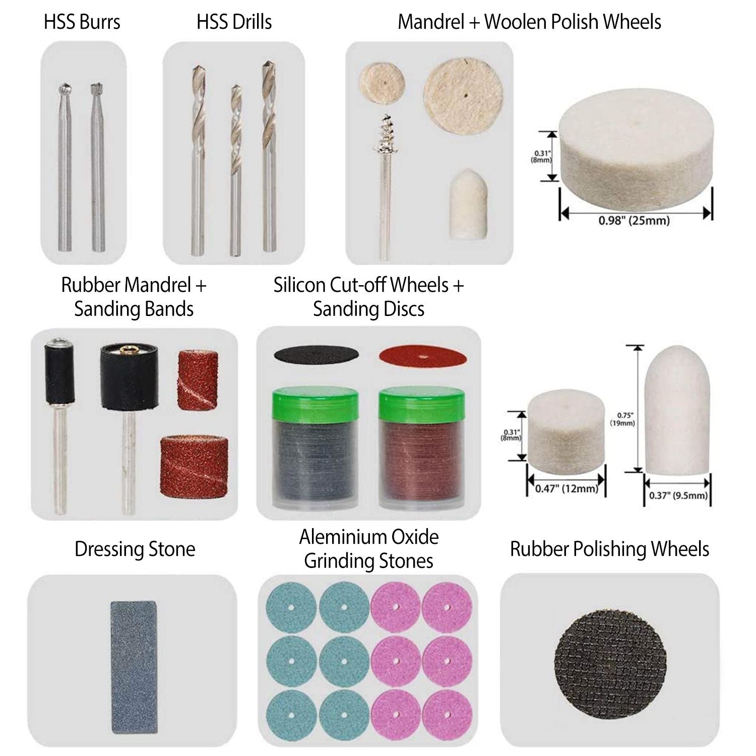 A variety of rotary tool accessories including HSS burrs, drills, rubber and silicon cut-off wheels, sanding bands, and polishing wheels, arranged on a white background for clear visibility.