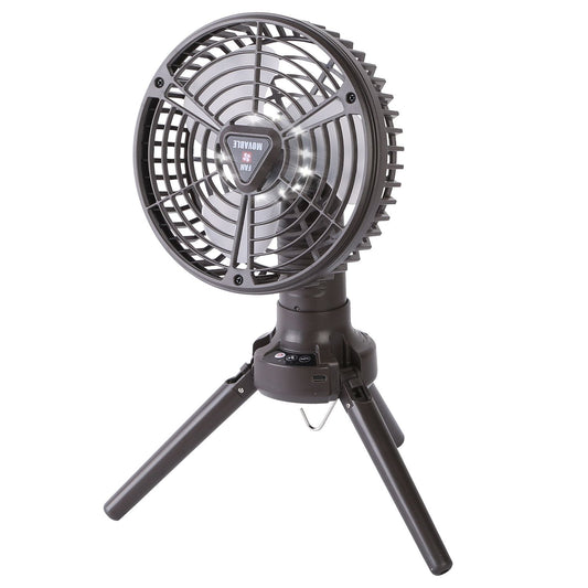 Portable battery-operated fan with adjustable tripod stand and control buttons, ideal for outdoor activities and personal cooling.