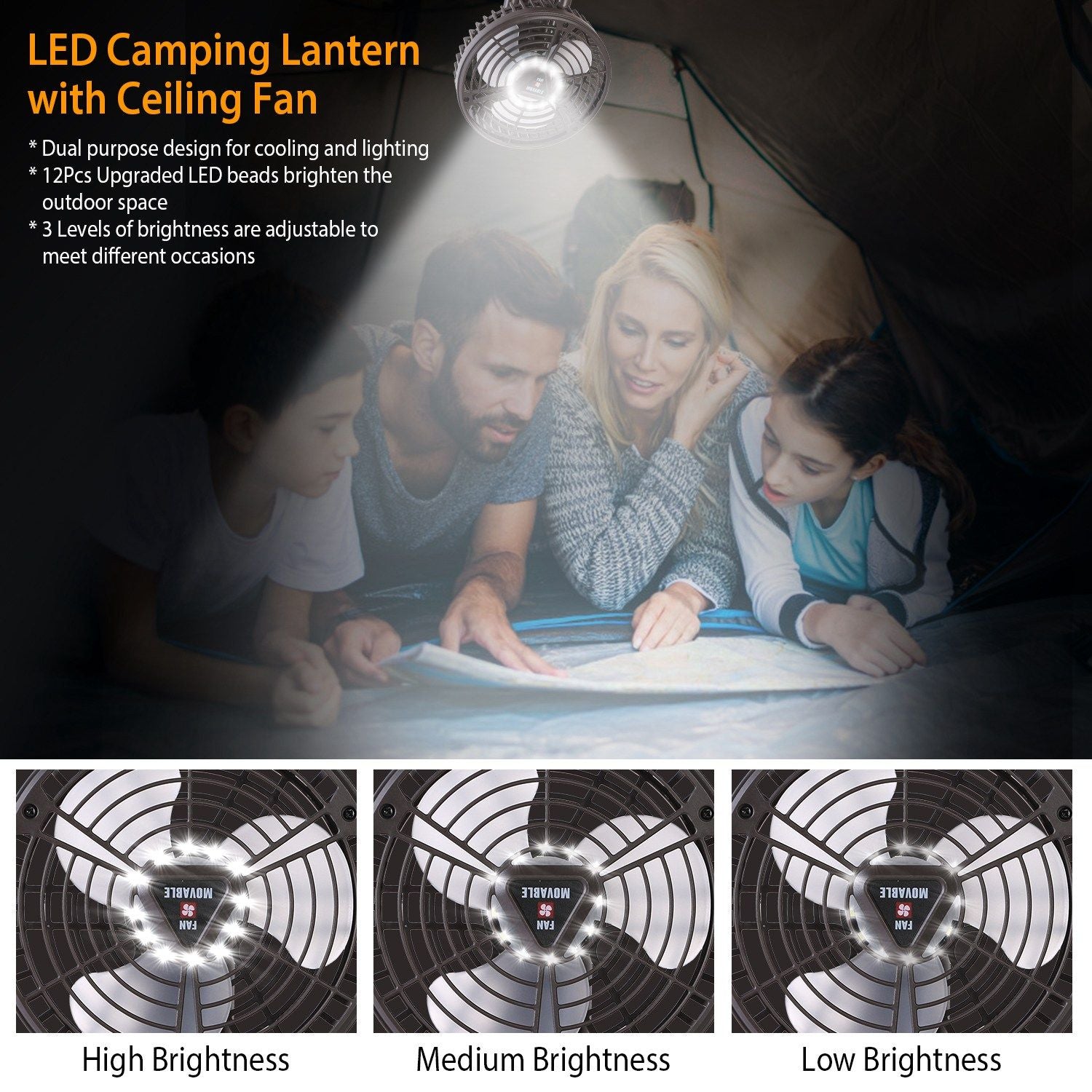 LED camping lantern with ceiling fan, featuring adjustable brightness levels, designed for outdoor cooling and lighting, ideal for camping trips and nighttime activities.
