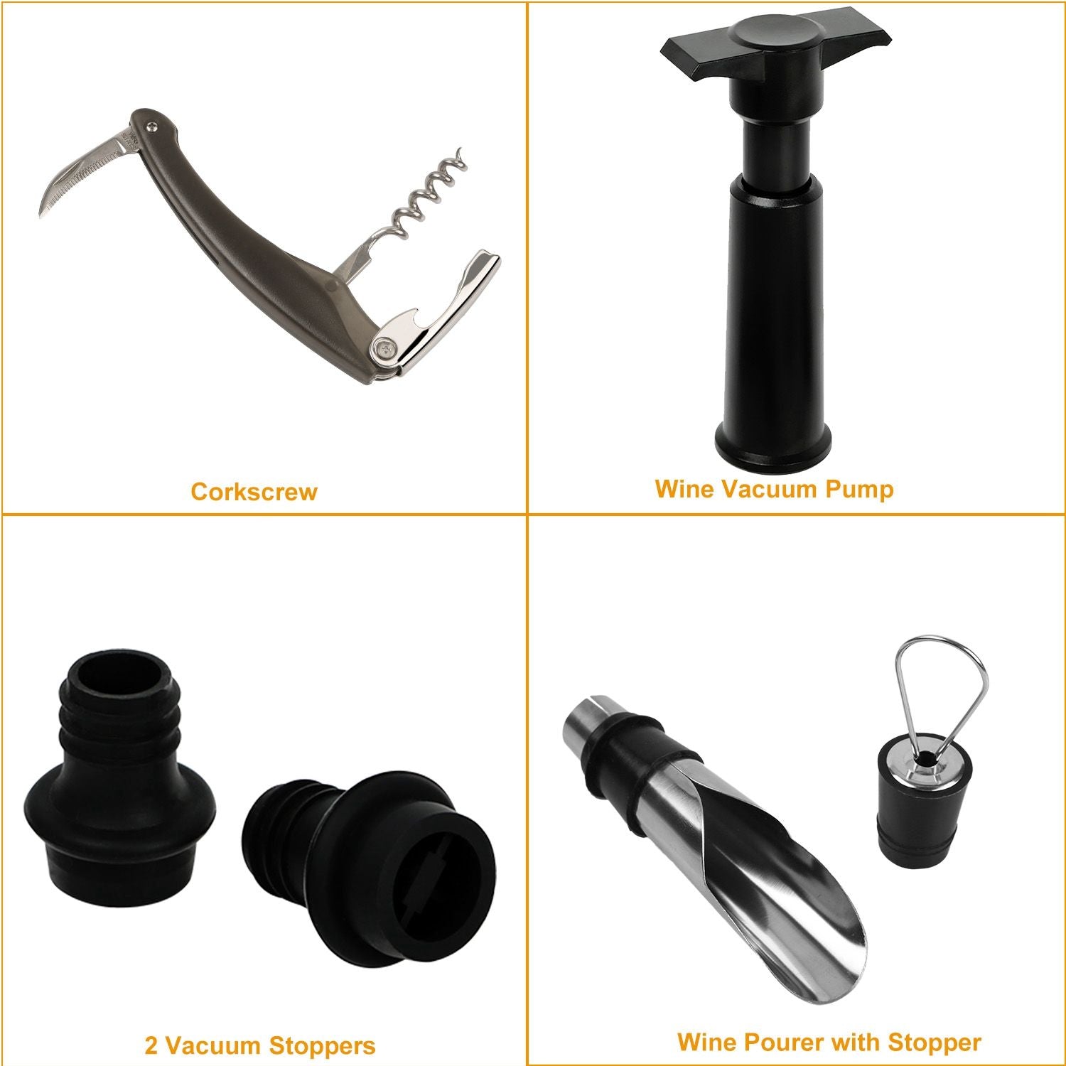 Corkscrew, wine vacuum pump, two vacuum stoppers, and wine pourer with stopper set for preserving and serving wine.