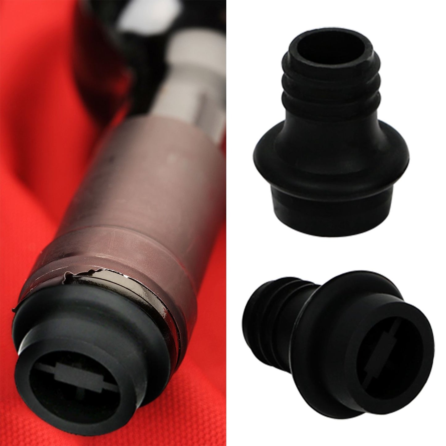Black rubber stopper for wine bottle, displayed alongside two different styles of wine bottle stoppers, designed to preserve wine freshness.