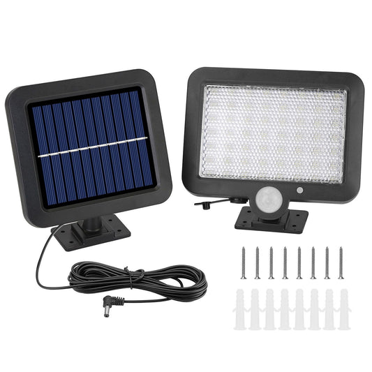 Solar-powered LED floodlight with motion sensor, featuring a detachable solar panel, black housing, and included installation screws and anchors.
