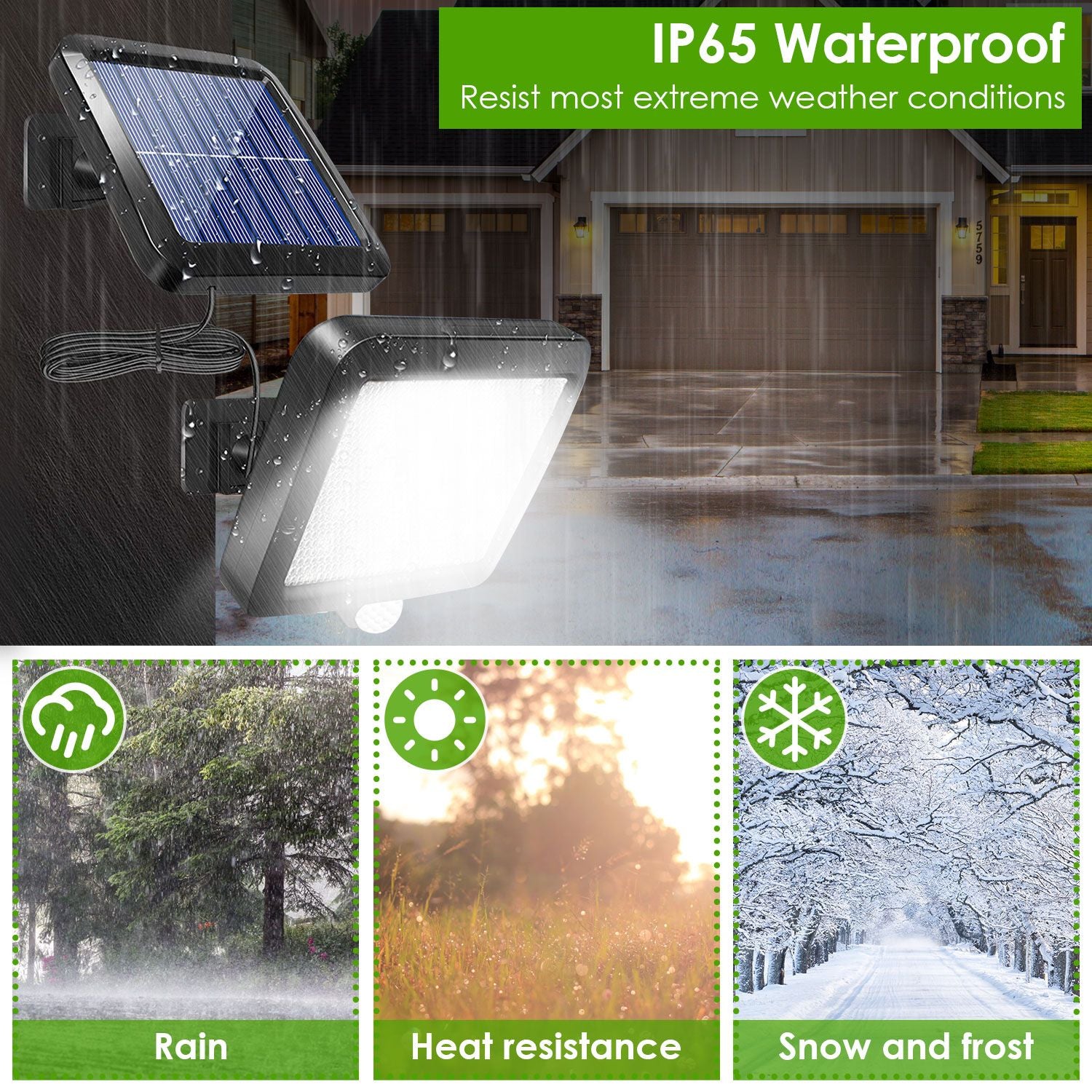 Solar-powered LED floodlight with IP65 waterproof rating, ideal for outdoor use in rain, heat, snow, and frost conditions.