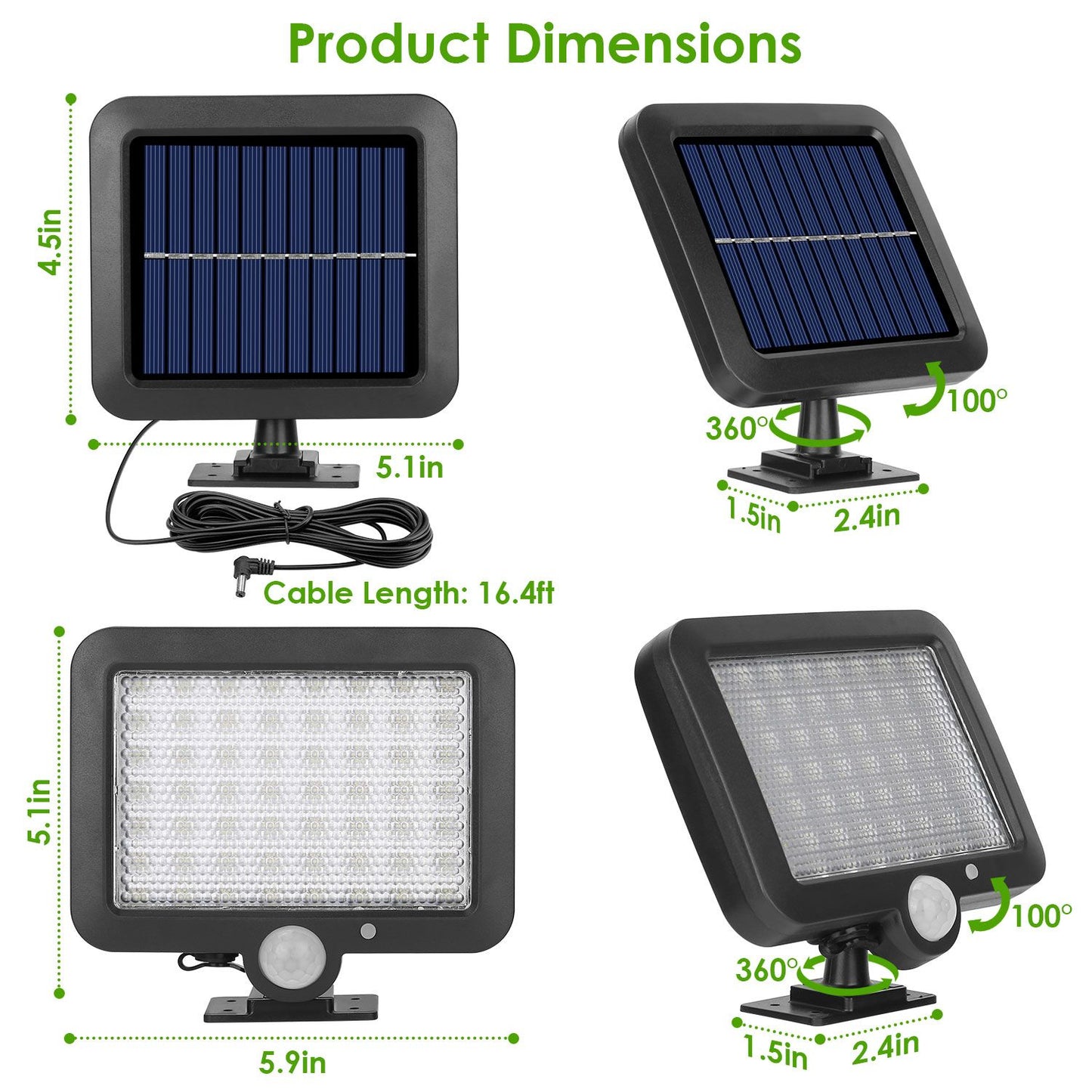 Solar LED light with adjustable angles, dimensions 5.1in x 4.5in, featuring a 16.4ft cable and motion sensor for outdoor use.