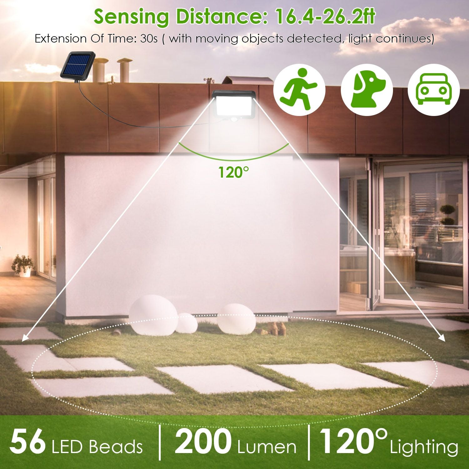 Solar-powered motion sensor light with 56 LED beads, 200 lumens brightness, and a 120° sensing angle, ideal for outdoor security and illumination.