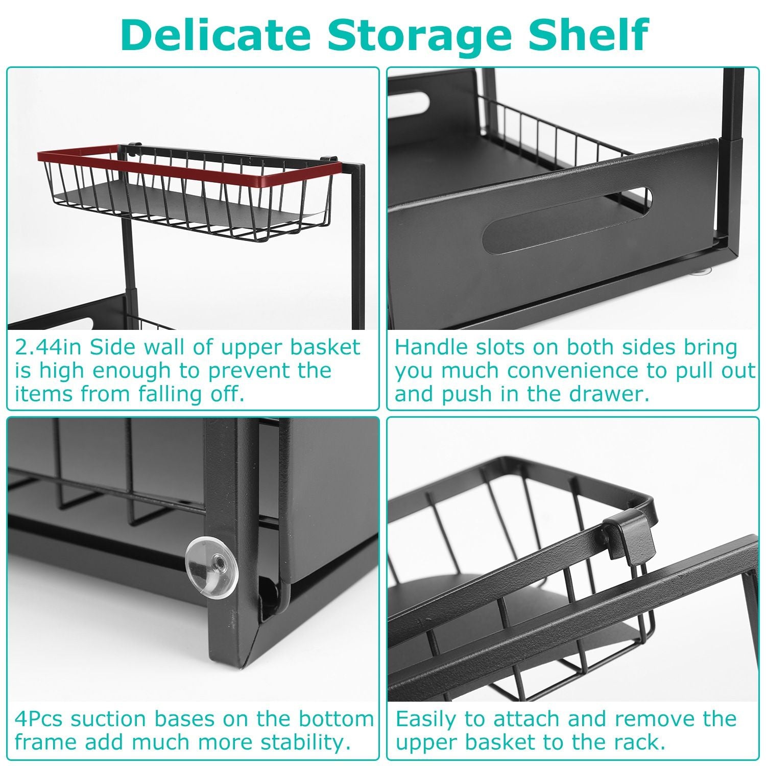 Delicate storage shelf with two wire baskets, featuring a 2.44-inch side wall to prevent items from falling, handle slots for easy access, suction bases for stability, and a removable upper basket design.