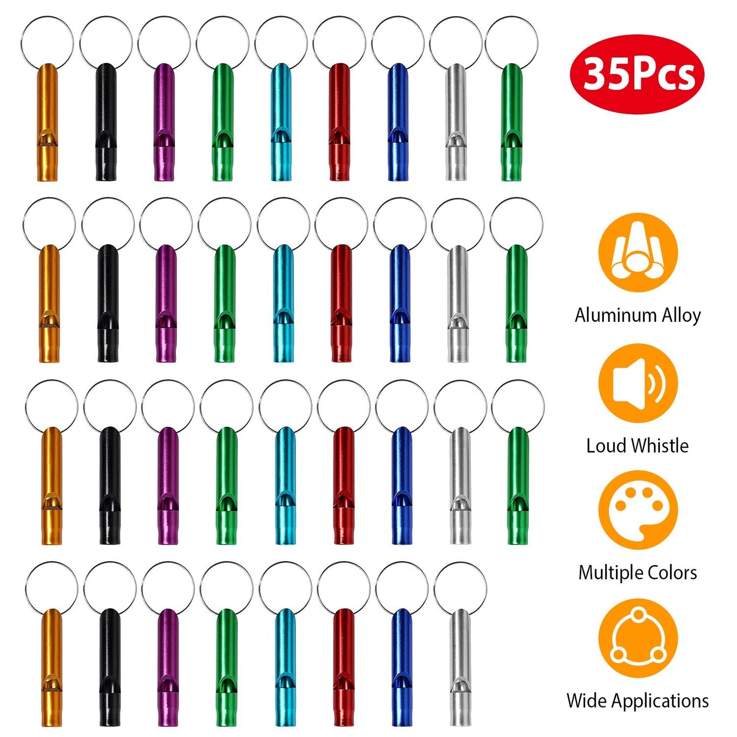 Set of 35 colorful aluminum alloy whistles on keychains, featuring multiple colors including red, blue, green, purple, silver, and black, designed for loud sound and versatile uses.