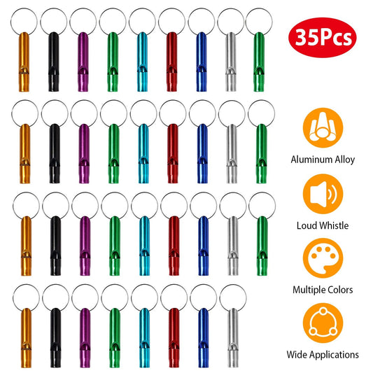 Set of 35 colorful aluminum alloy whistles on keychains, featuring multiple colors including red, blue, green, purple, silver, and black, designed for loud sound and versatile uses.