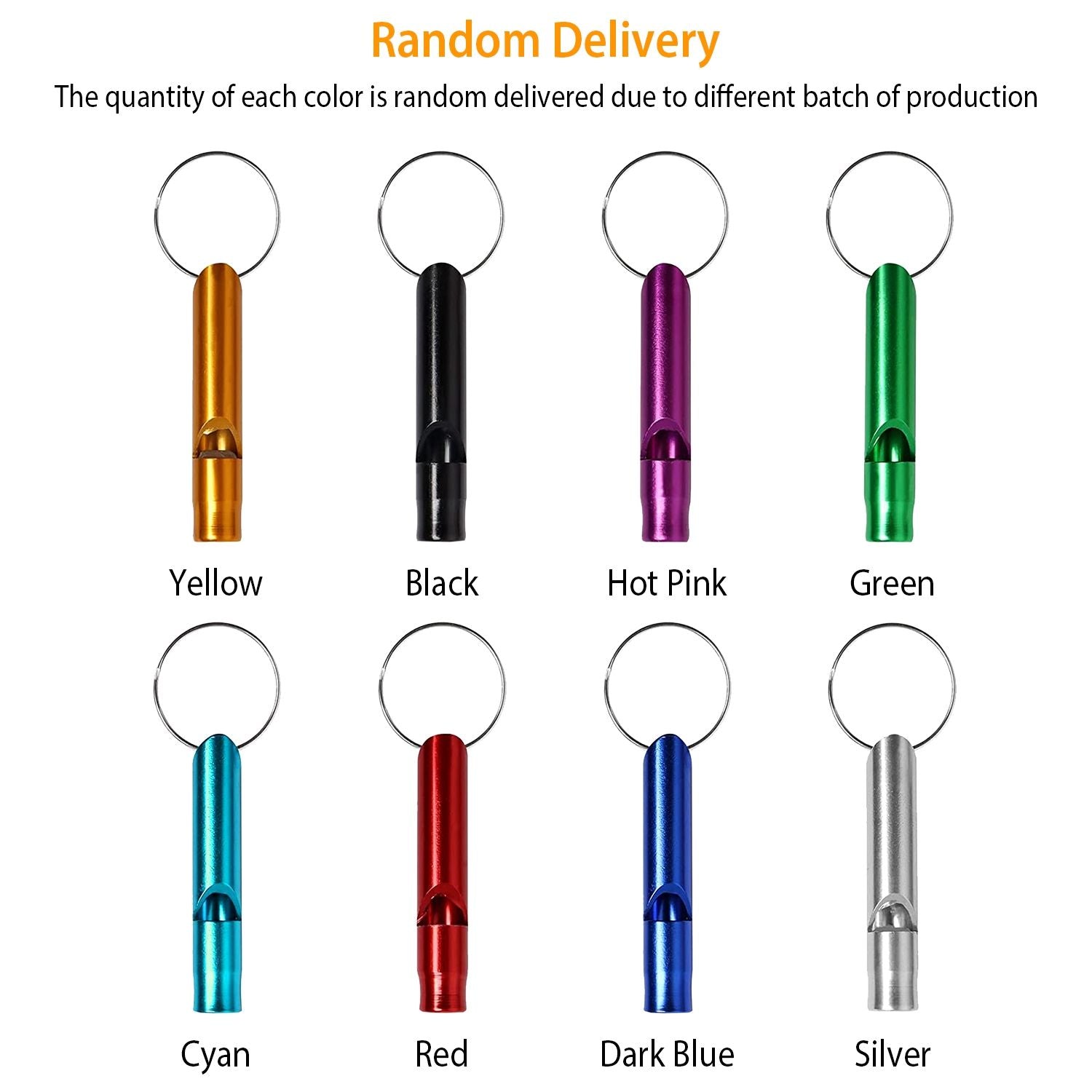 Image of colorful aluminum whistle keychains available in various colors: yellow, black, hot pink, green, cyan, red, dark blue, and silver, designed for random delivery.