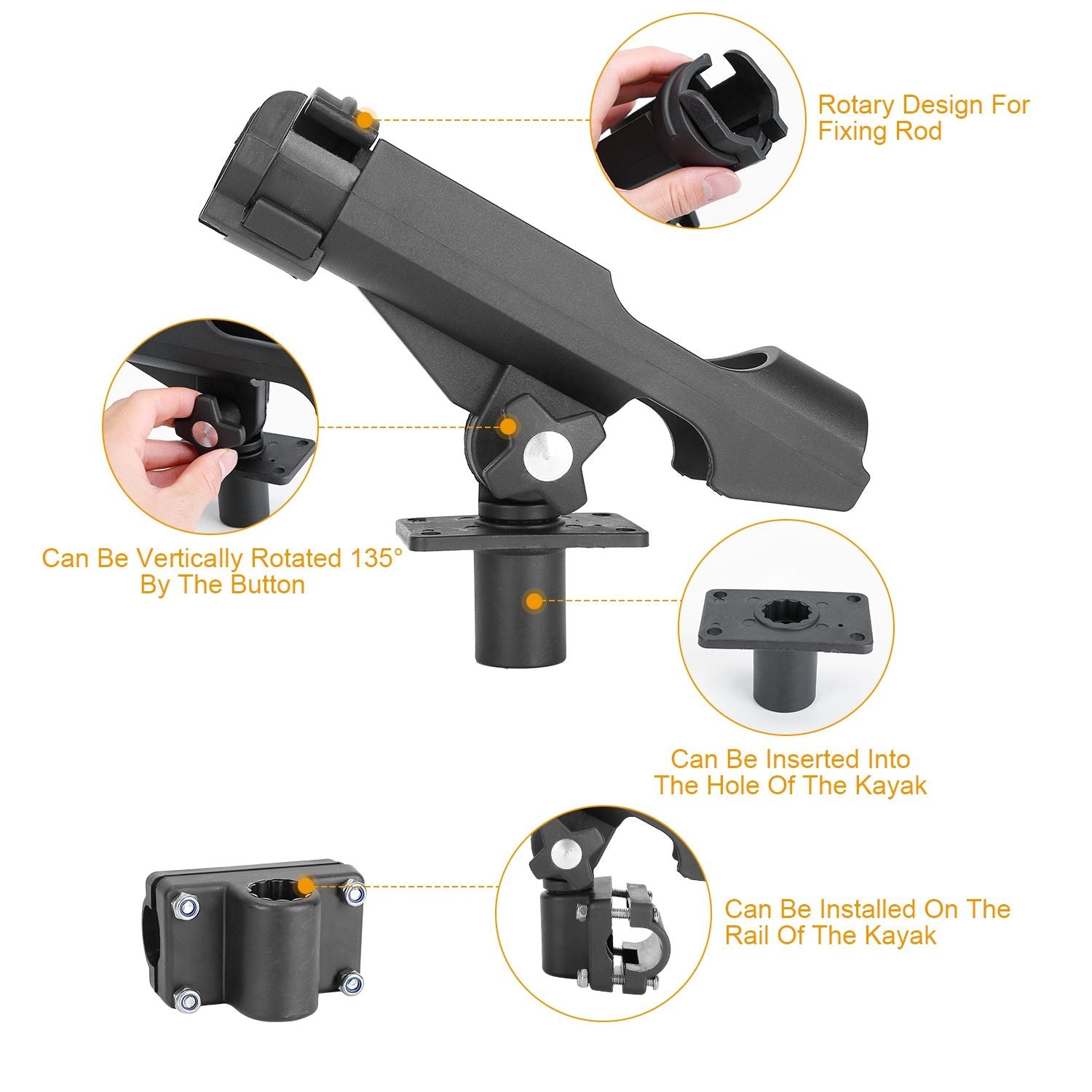 Adjustable kayak rod holder showcasing 135° rotation feature, installation options on rail and hole, and ergonomic design for easy usability.