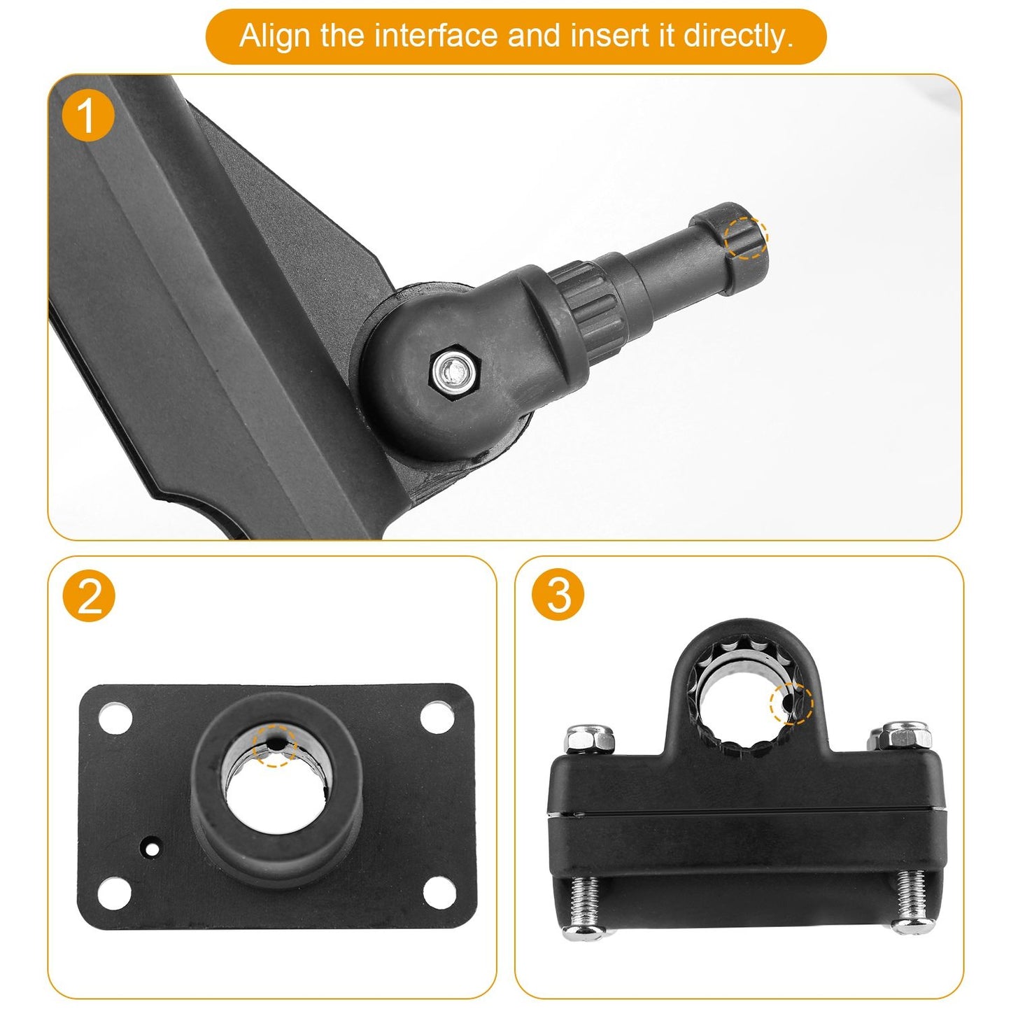 Step-by-step assembly instructions for a rotary joint made of durable black plastic, featuring labeled images for aligning interface connections and secure installation.
