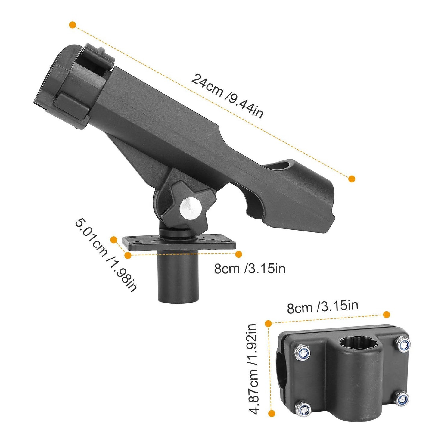 Adjustable black gun holder mount with multiple angles, featuring measurements for easy installation and compatibility.