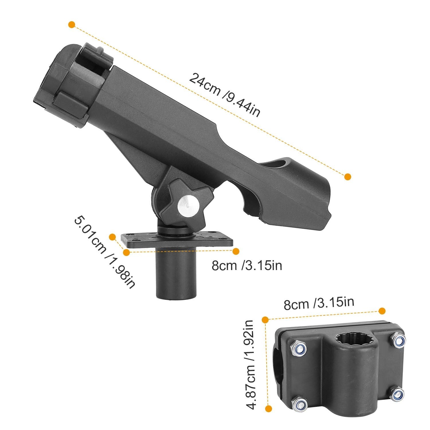 Adjustable black gun holder mount with multiple angles, featuring measurements for easy installation and compatibility.