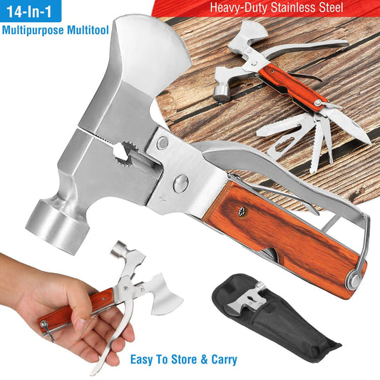 14-in-1 multipurpose multitool with wooden handle, heavy-duty stainless steel construction, and various built-in tools for easy storage and transport.