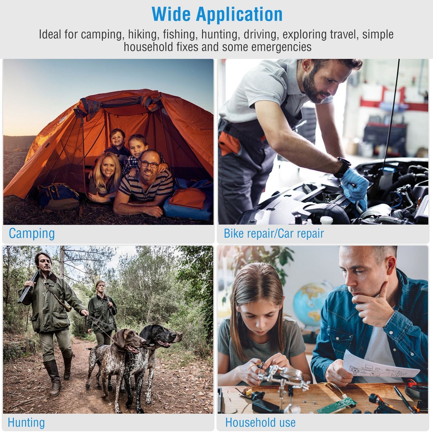 Image depicting various applications of a versatile product: camping families inside a tent, mechanics performing bike and car repairs, hunters with dogs in a natural setting, and individuals engaged in household repairs with tools.