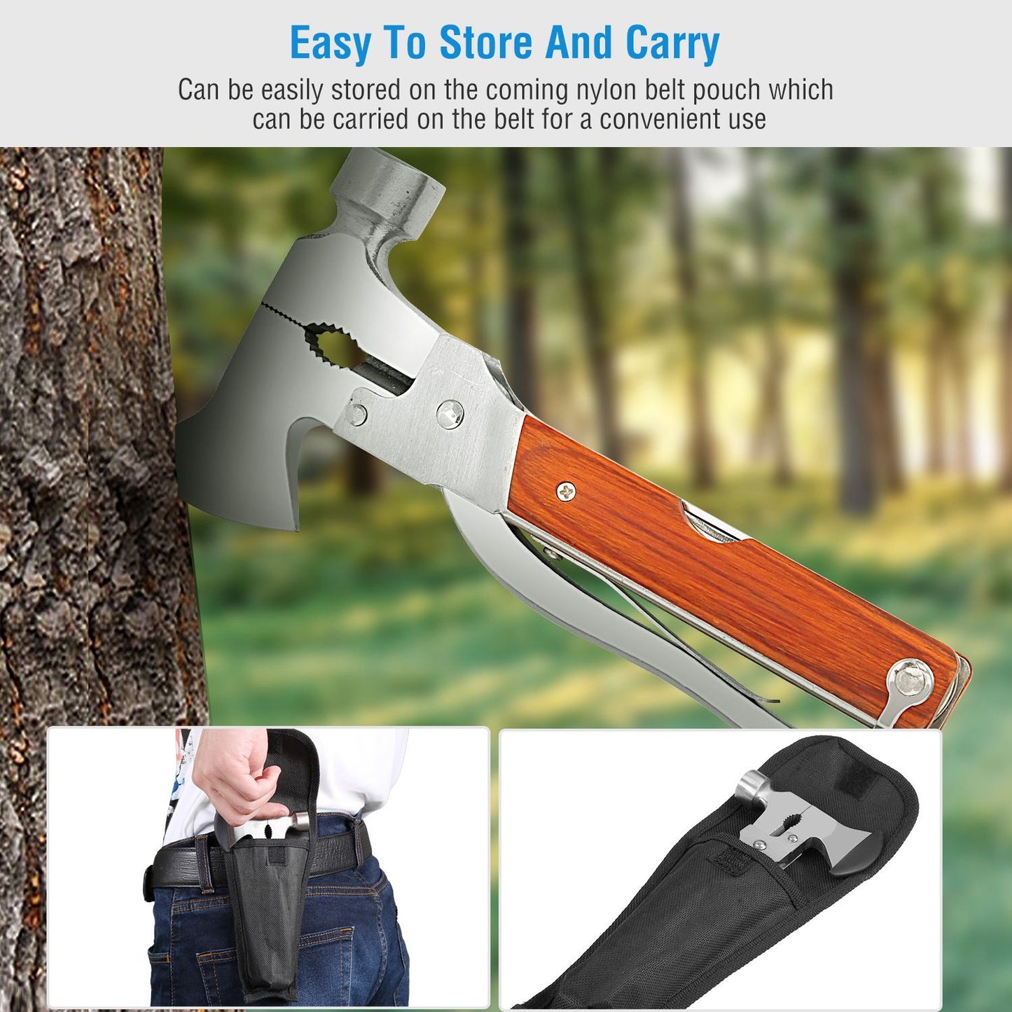 Multifunctional folding axe with wooden handle, shown stored in a nylon belt pouch for easy carrying and convenient outdoor use.