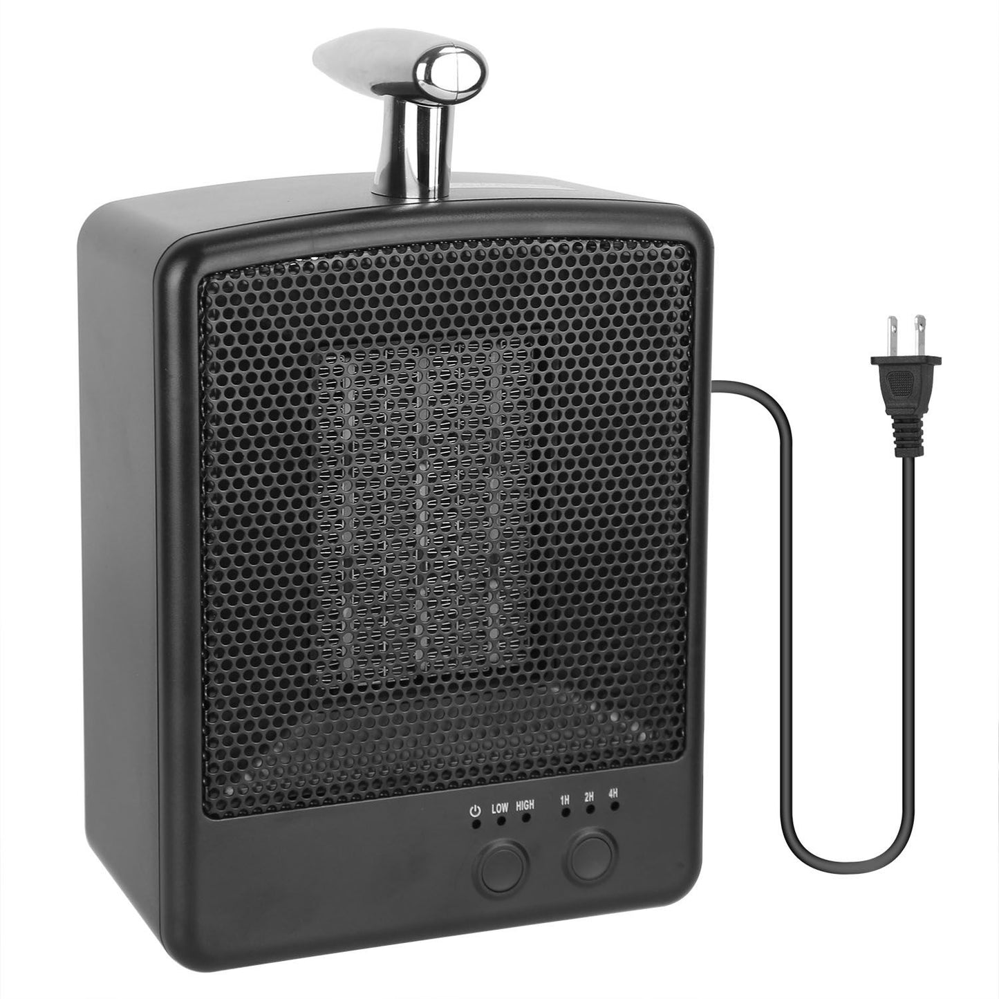 Compact black electric space heater with control buttons for low and high settings and a power cord, designed for efficient heat distribution in small spaces.