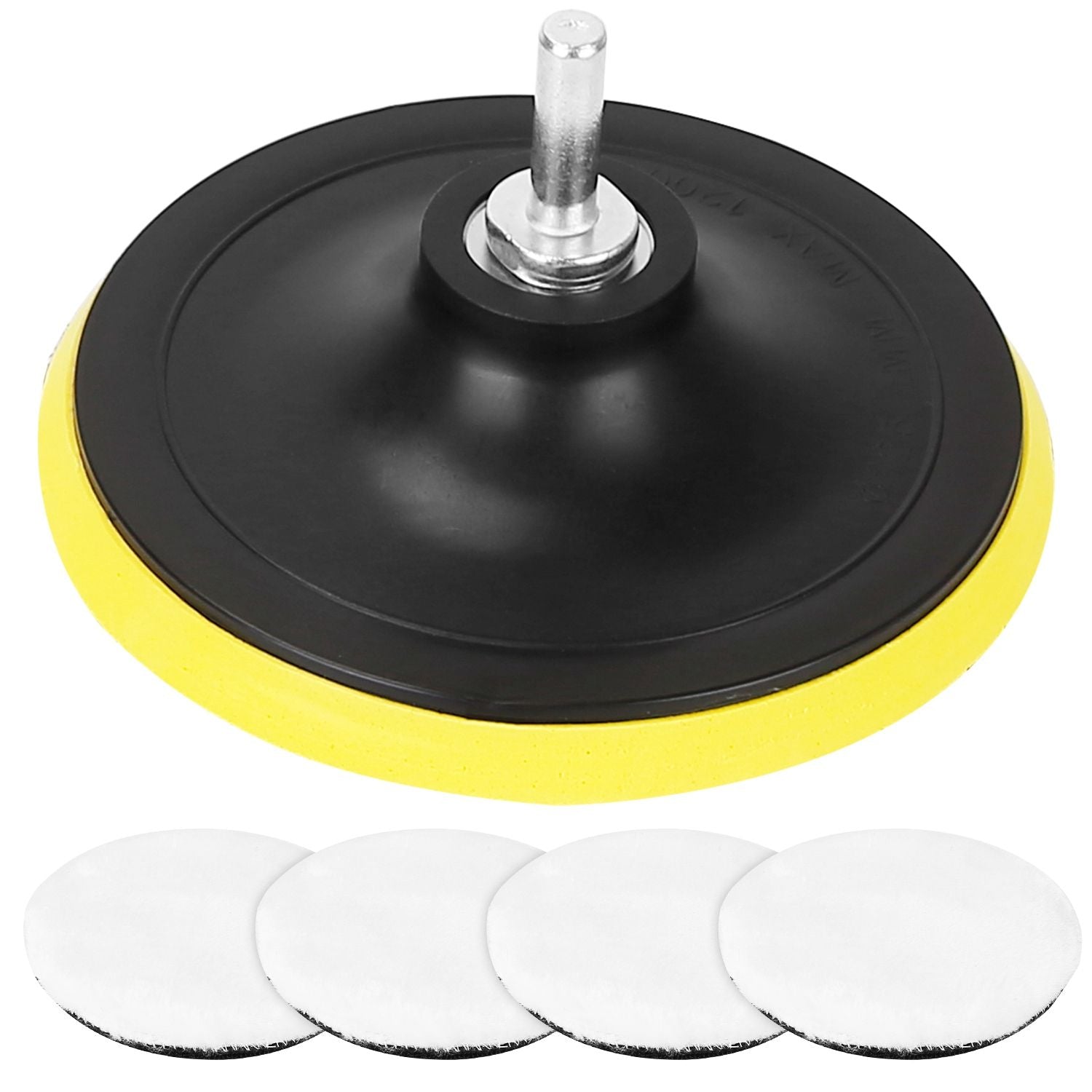 Durable polishing pad with a black rubber base and yellow edge, accompanied by four white polishing discs, ideal for waxing and buffing vehicles.
