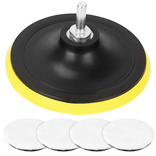 Durable polishing pad with a black rubber base and yellow edge, accompanied by four white polishing discs, ideal for waxing and buffing vehicles.