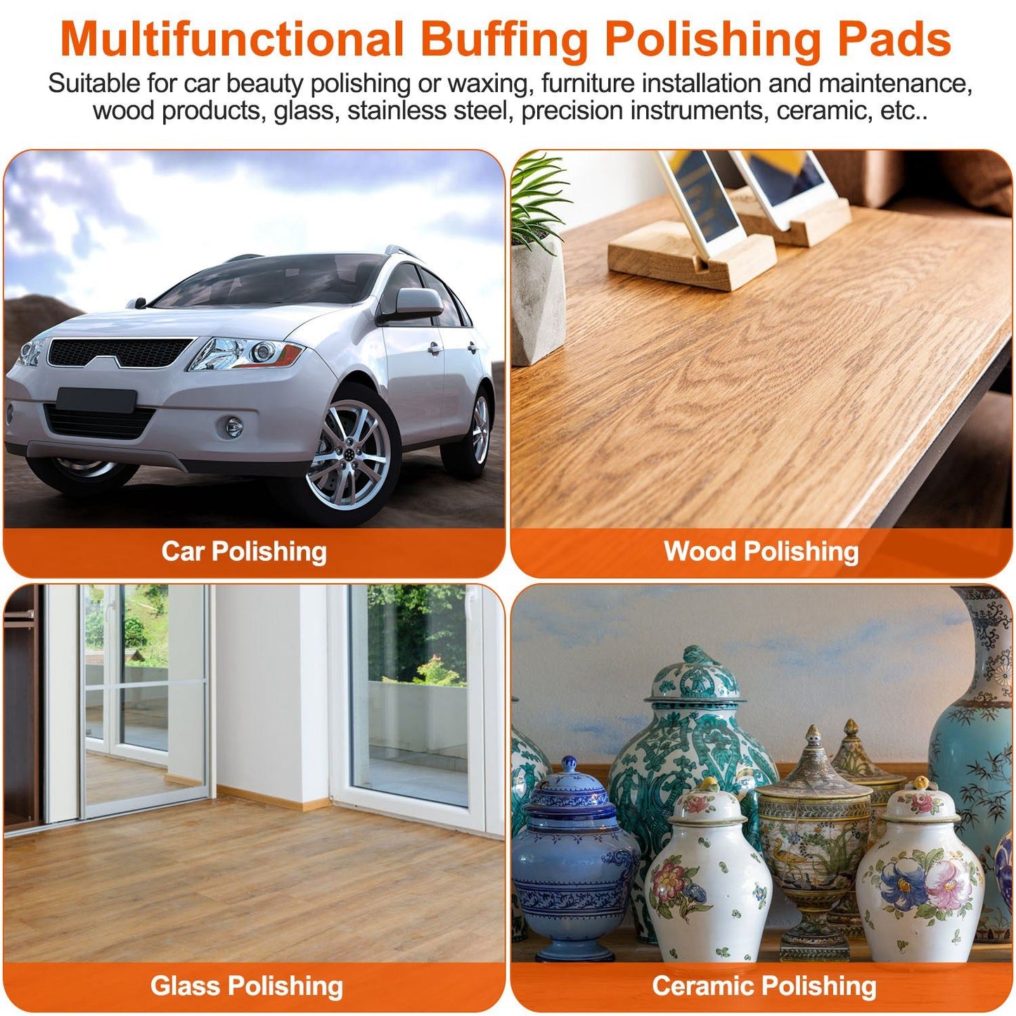 Multifunctional buffing polishing pads for car, wood, glass, and ceramic surfaces, showcasing multiple applications for effective polishing and maintenance.