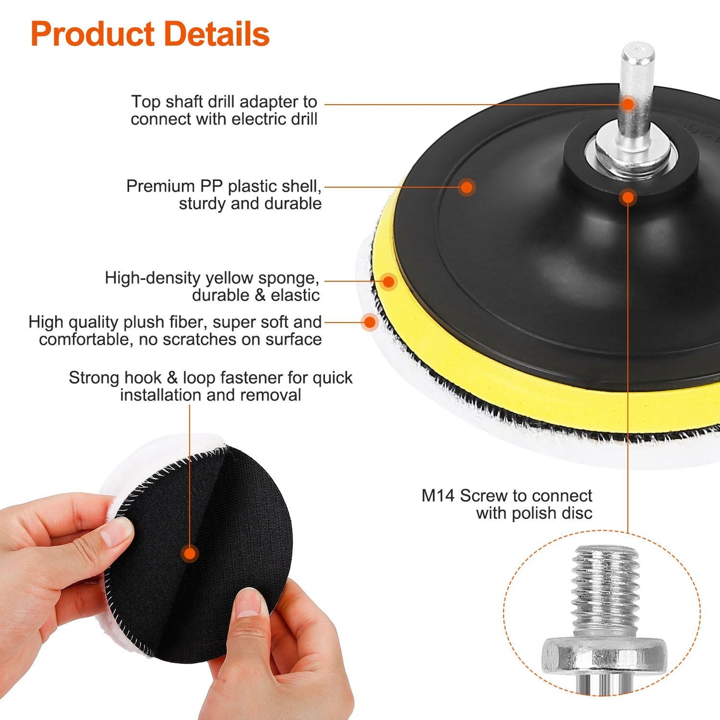 High-density yellow sponge polishing pad with hook and loop fastener, top shaft drill adapter for electric drill use, durable PP plastic shell, and M14 screw connection for easy installation and removal.