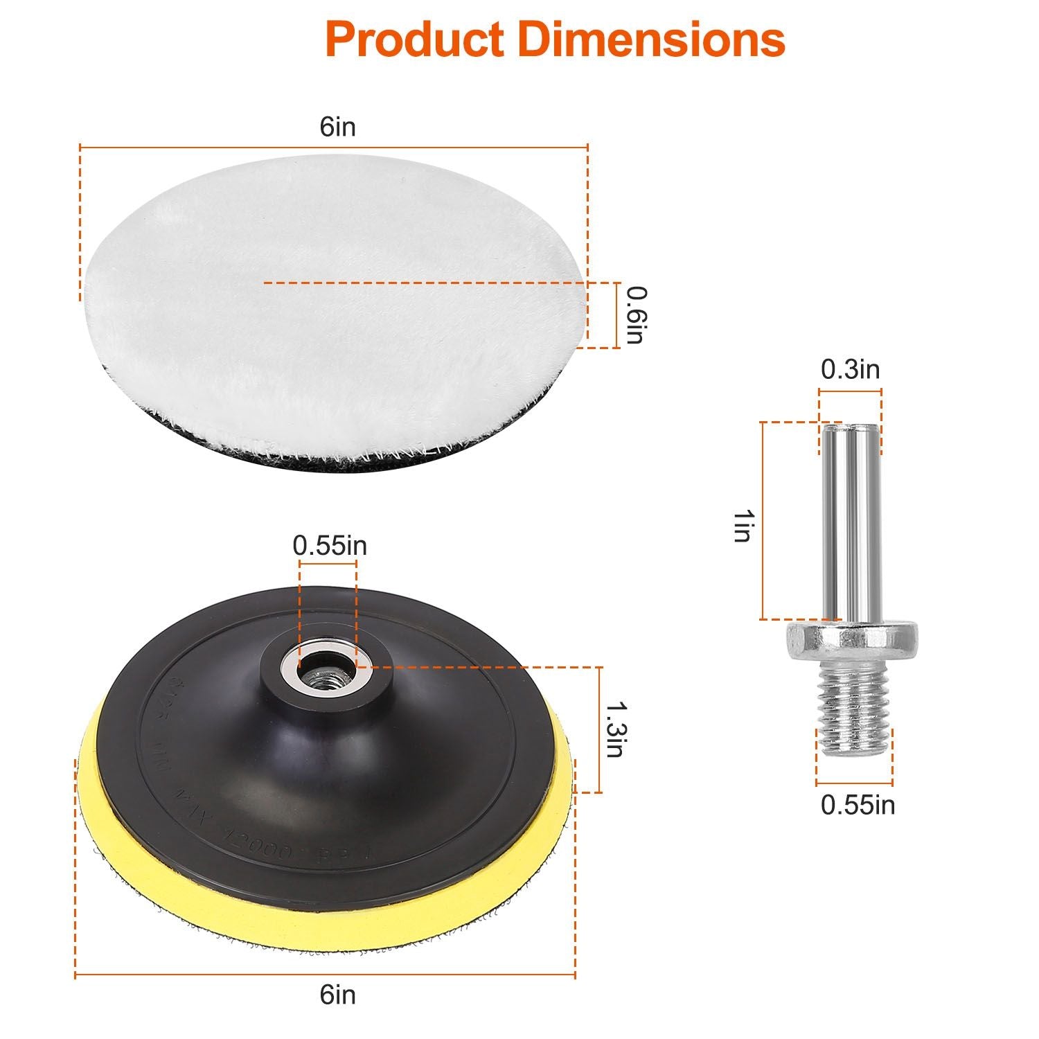6-inch dual-sided polishing pad with dimensions displayed, featuring a soft white surface and a durable black base with yellow trim, ideal for automotive and home detailing.
