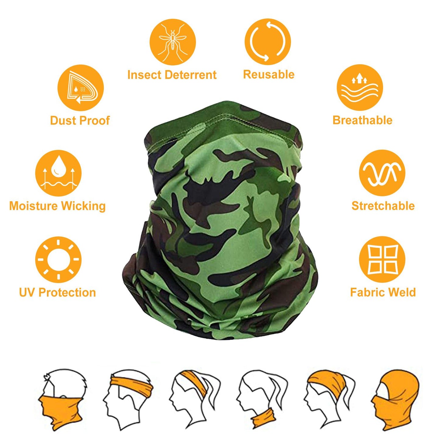 Camouflage multifunctional neck gaiter with features like moisture wicking, UV protection, and insect deterrent; highlights various ways to wear as headband, face mask, or balaclava.
