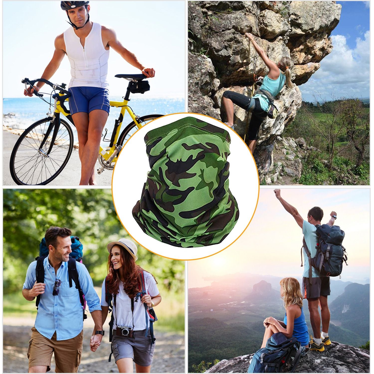 Camo neck gaiter featured in a collage of outdoor activities, including cycling, rock climbing, hiking, and enjoying nature with friends, showcasing its versatility and style for adventure enthusiasts.