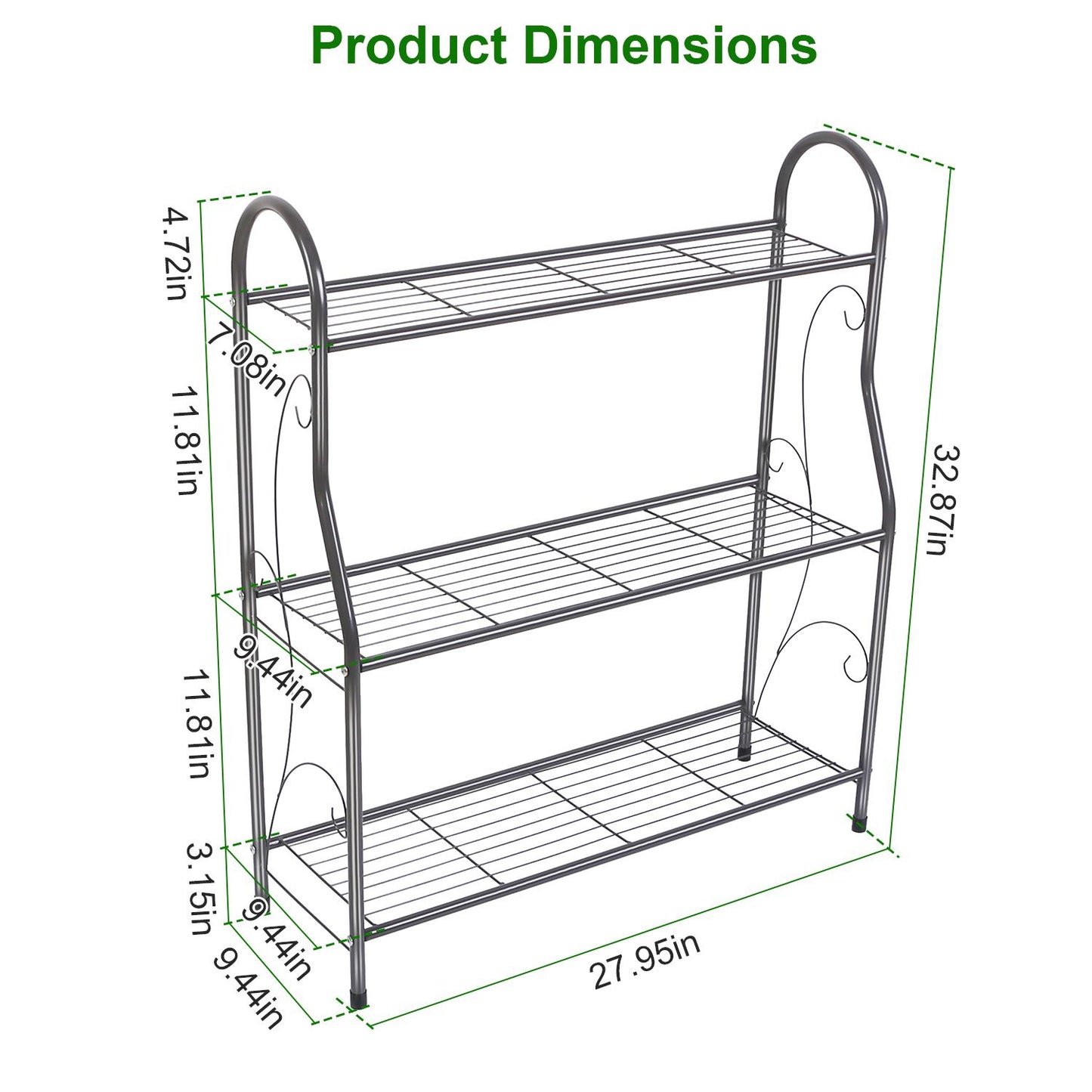 Three-tier metal shelving unit with dimensions displayed: height 32.87 inches, width 27.95 inches, and adjustable shelf heights of 4.72, 11.81, and 9.44 inches.