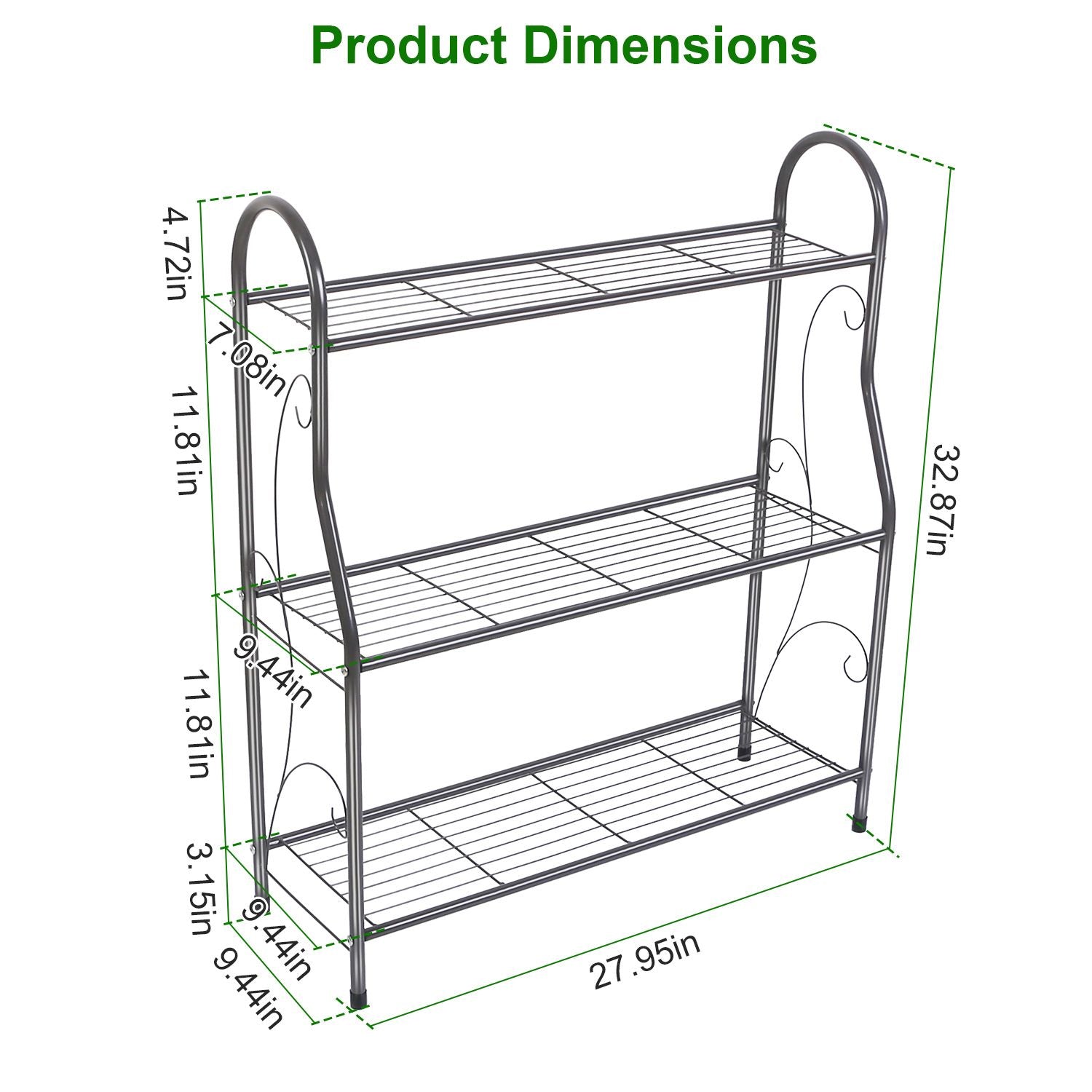 Three-tier metal shelving unit with dimensions displayed: height 32.87 inches, width 27.95 inches, and adjustable shelf heights of 4.72, 11.81, and 9.44 inches.