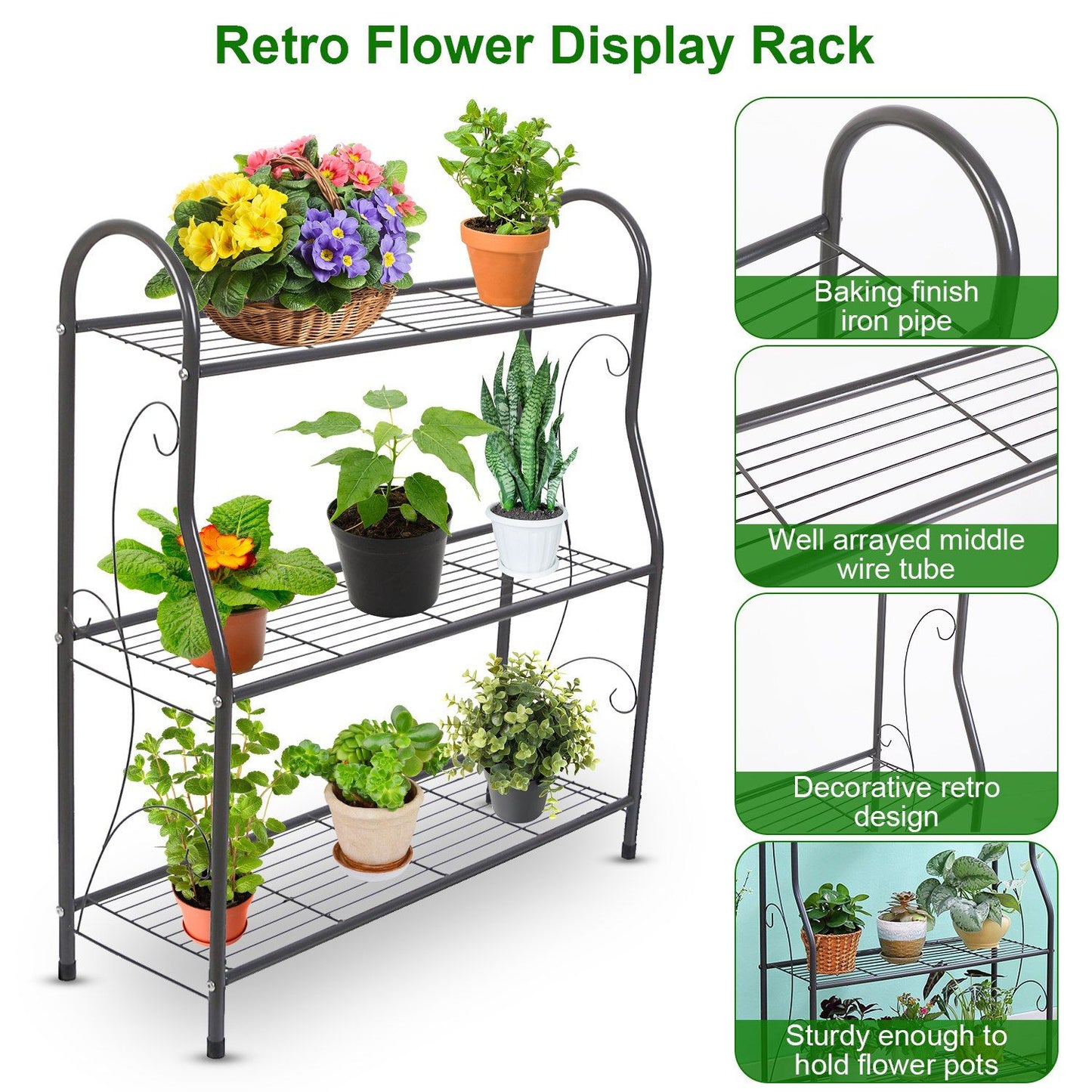 Retro flower display rack with three tiers showcasing various potted plants and vibrant flowers on a sturdy black iron frame, designed for indoor or outdoor use.