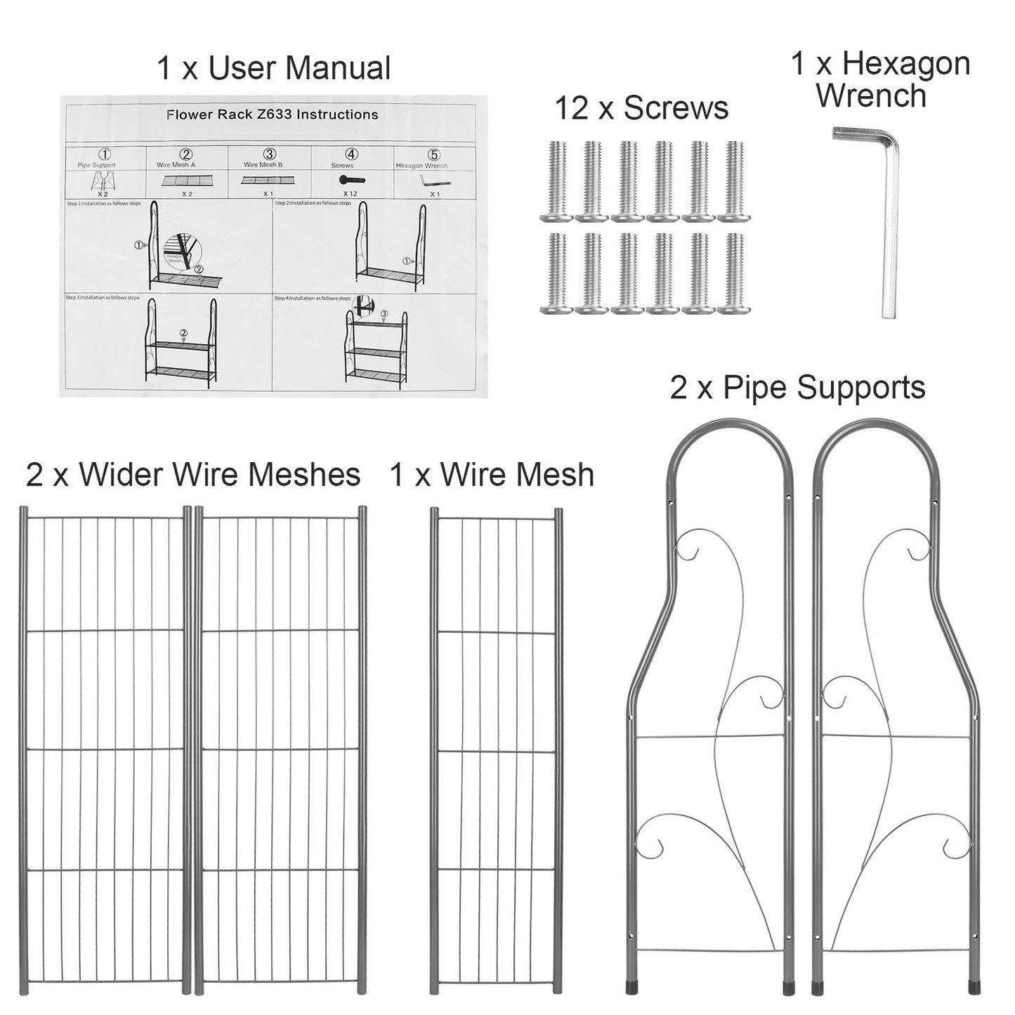 Assembly components for a metal flower rack including user manual, screws, hexagon wrench, pipe supports, wider wire meshes, and wire mesh.
