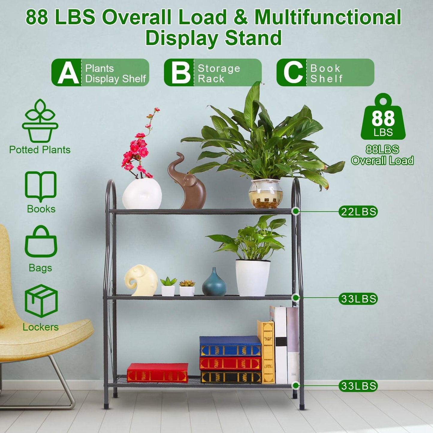 Multifunctional display stand with a capacity of 88 lbs, featuring three shelves ideal for potted plants, books, bags, and decor items, set against a light blue wall and accompanied by a stylish chair.