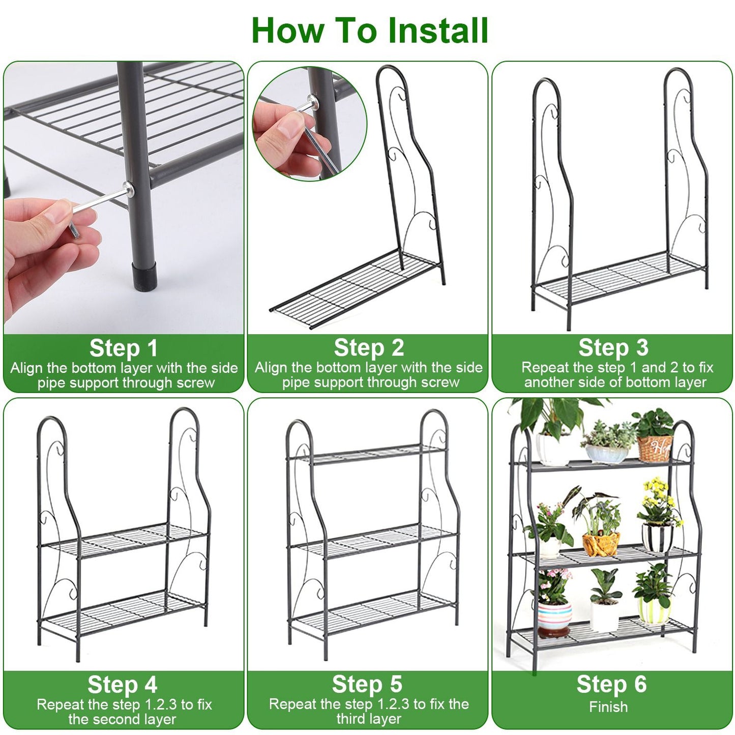 Step-by-step installation guide for a stylish metal tiered plant stand, showcasing easy assembly with hand tool illustrations and completed stand display with pots.