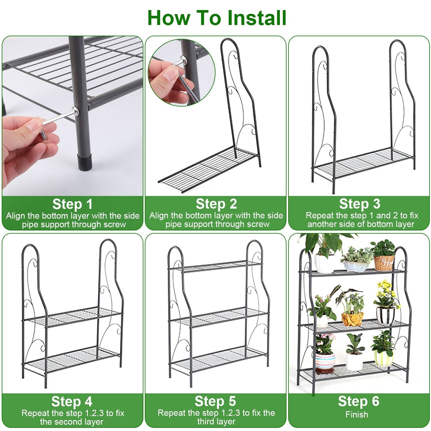 Step-by-step installation guide for a stylish metal tiered plant stand, showcasing easy assembly with hand tool illustrations and completed stand display with pots.