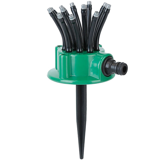 Drip irrigation stake with multiple black hoses, designed for efficient water distribution in gardens and landscaping, featuring a green base and a sturdy pointed stake for easy insertion into the ground.