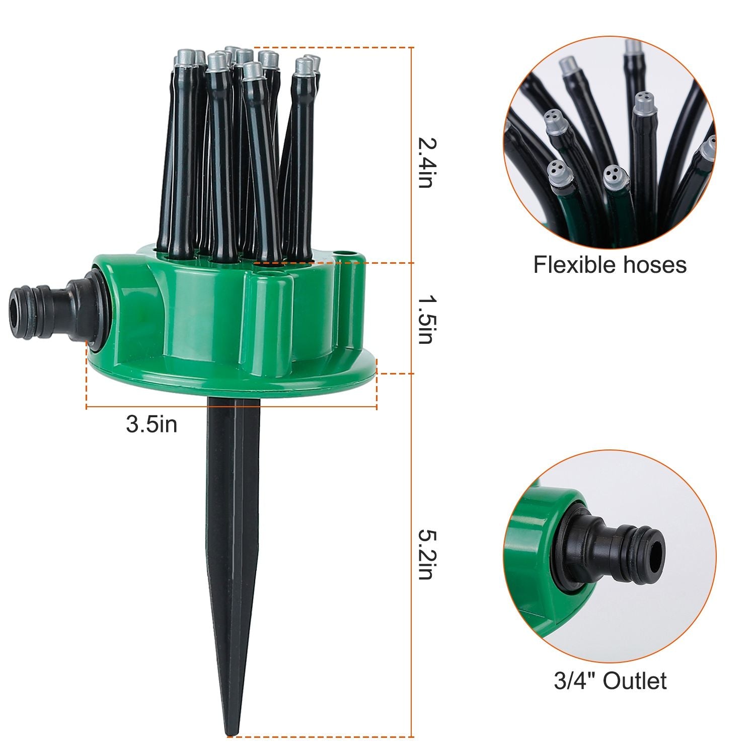 Green garden irrigation sprinkler with multiple flexible hoses, featuring a 3/4" outlet and measuring 5.2 inches tall for efficient water distribution.