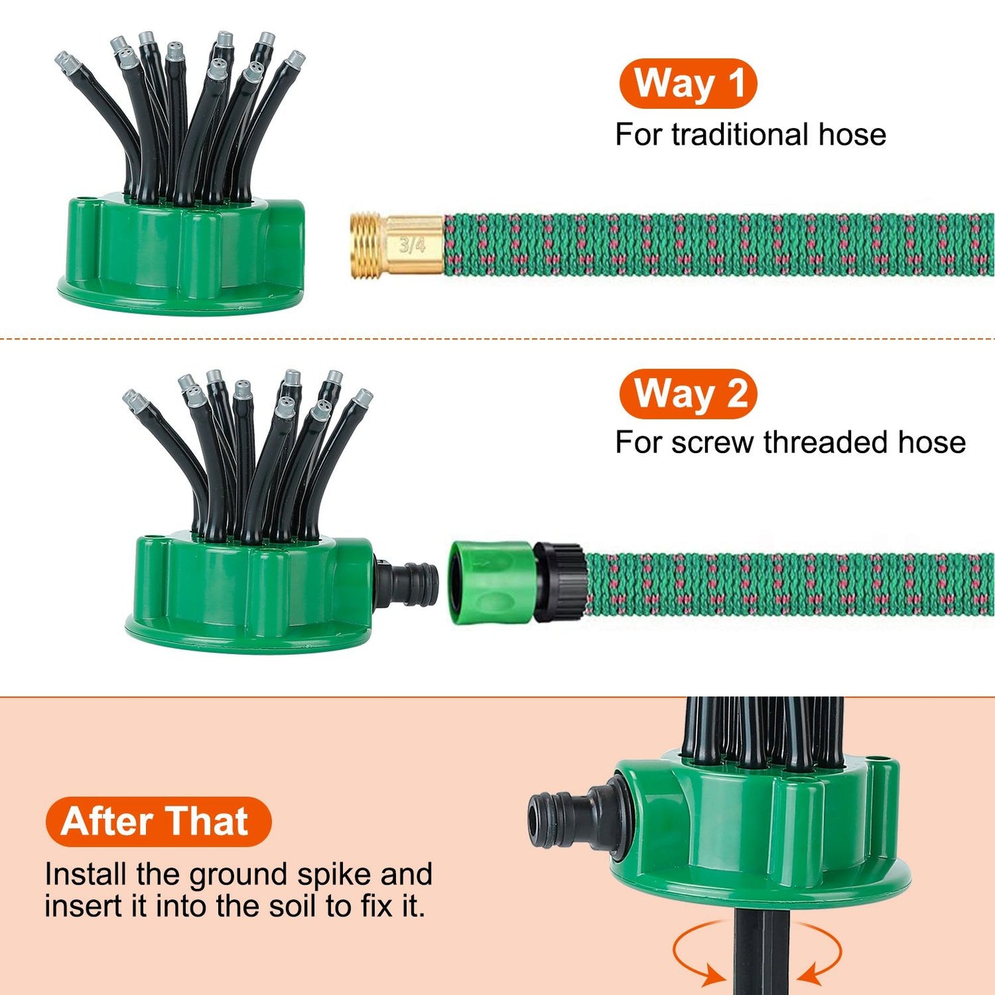 "Image showing a versatile hose connector with options for traditional and screw-threaded hoses, featuring multiple outlets and installation instructions for garden use."