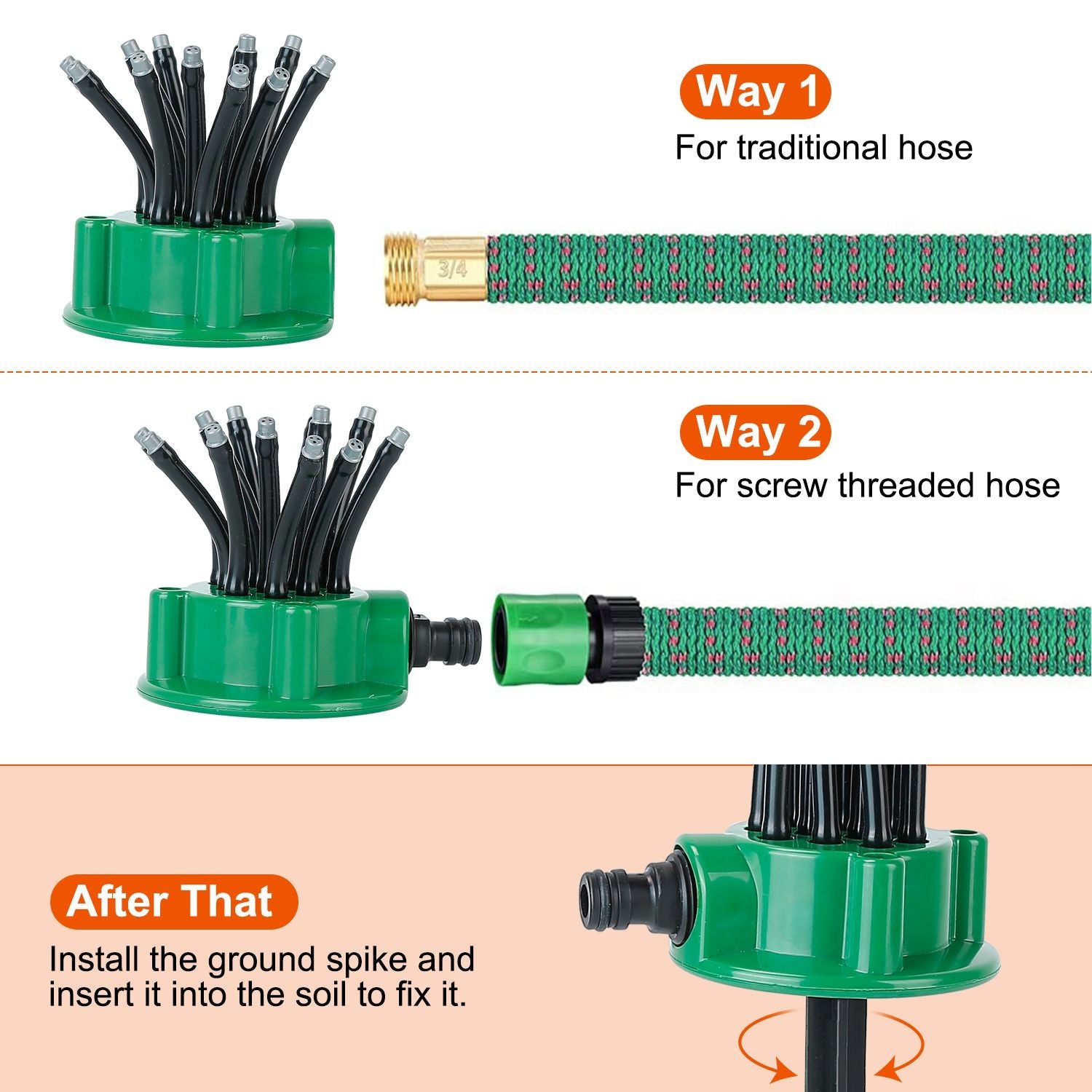 "Image showing a versatile hose connector with options for traditional and screw-threaded hoses, featuring multiple outlets and installation instructions for garden use."