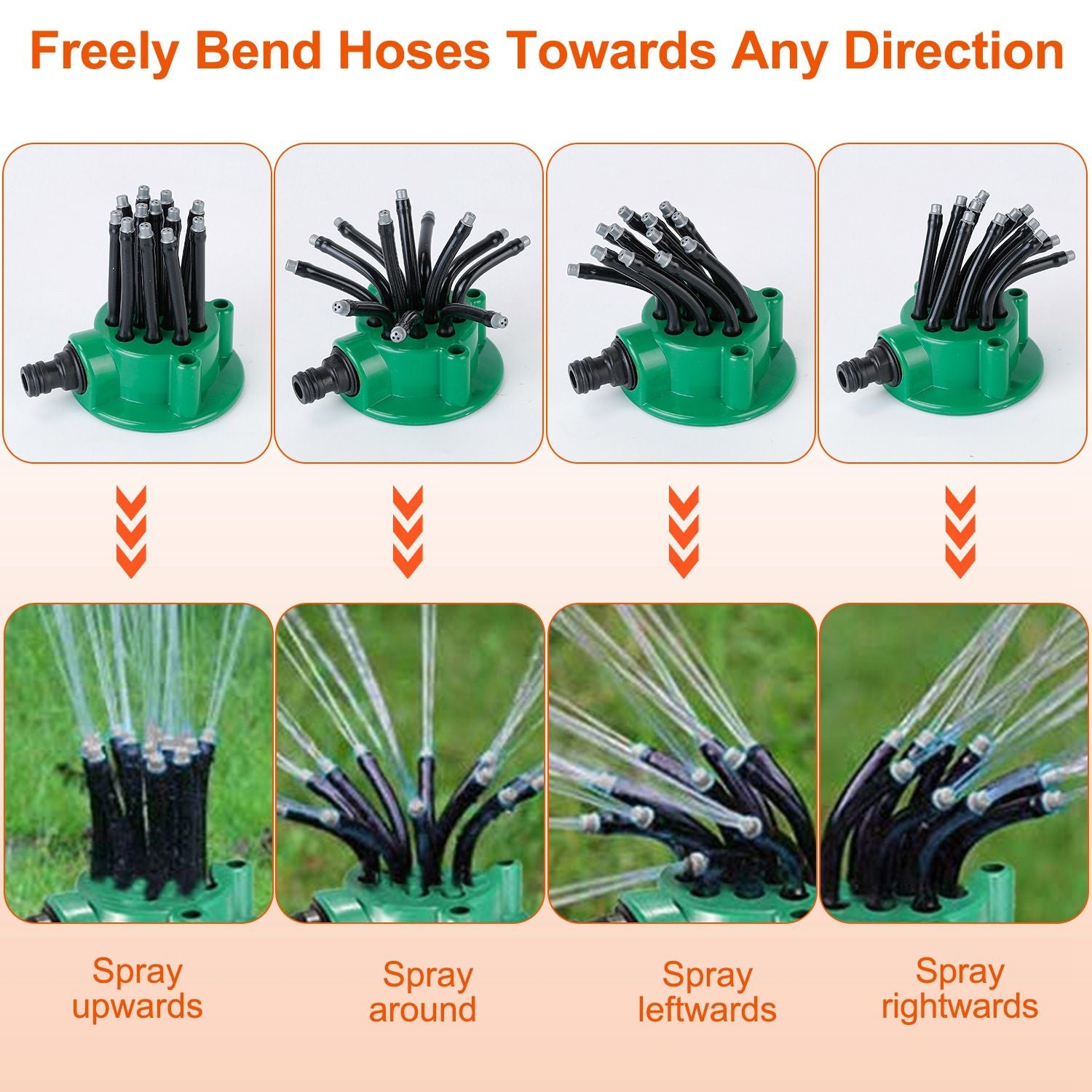 Flexible garden watering system sprays in multiple directions with adjustable hoses, demonstrating upward, around, leftward, and rightward spray options.