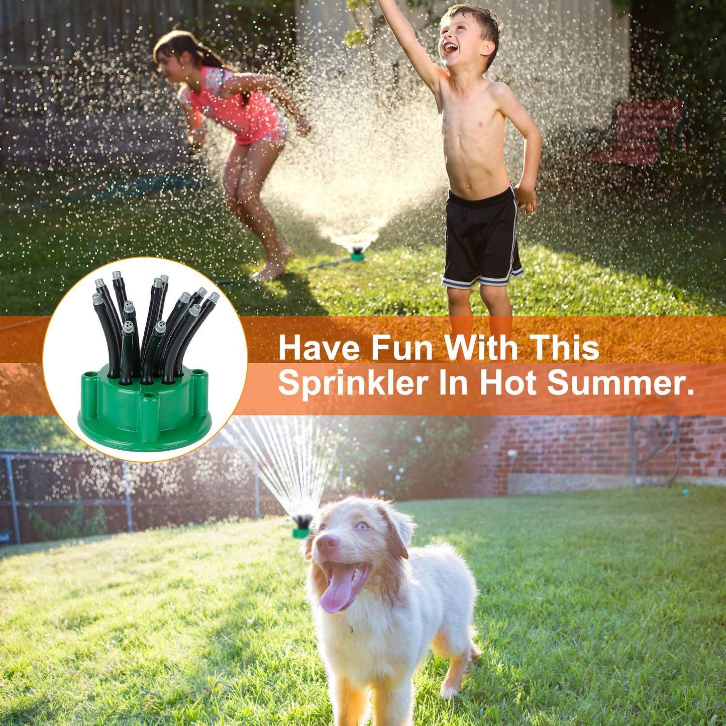 Children playing joyfully in a backyard sprinkler on a sunny day, with a playful dog enjoying the spray, showcasing a summer fun atmosphere.