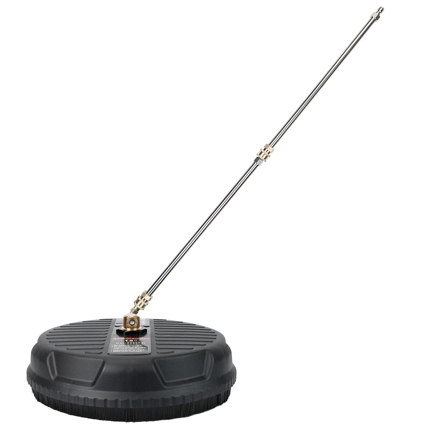 High-pressure surface cleaner with a sturdy round base and adjustable stainless steel wand for efficient outdoor cleaning.