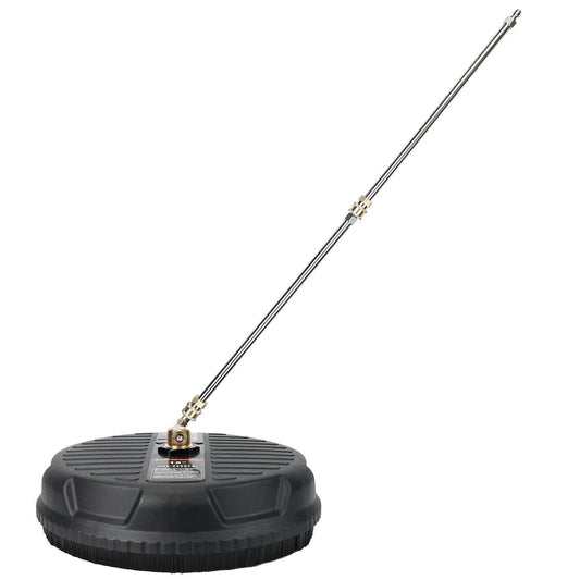 High-pressure surface cleaner with a sturdy round base and adjustable stainless steel wand for efficient outdoor cleaning.