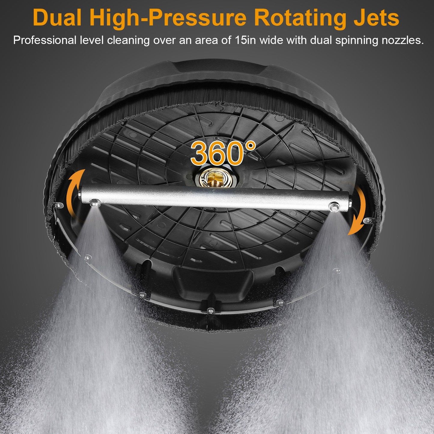 High-pressure rotating jet surface cleaner with dual nozzles, showcasing 360-degree cleaning coverage and a 15-inch wide cleaning area.
