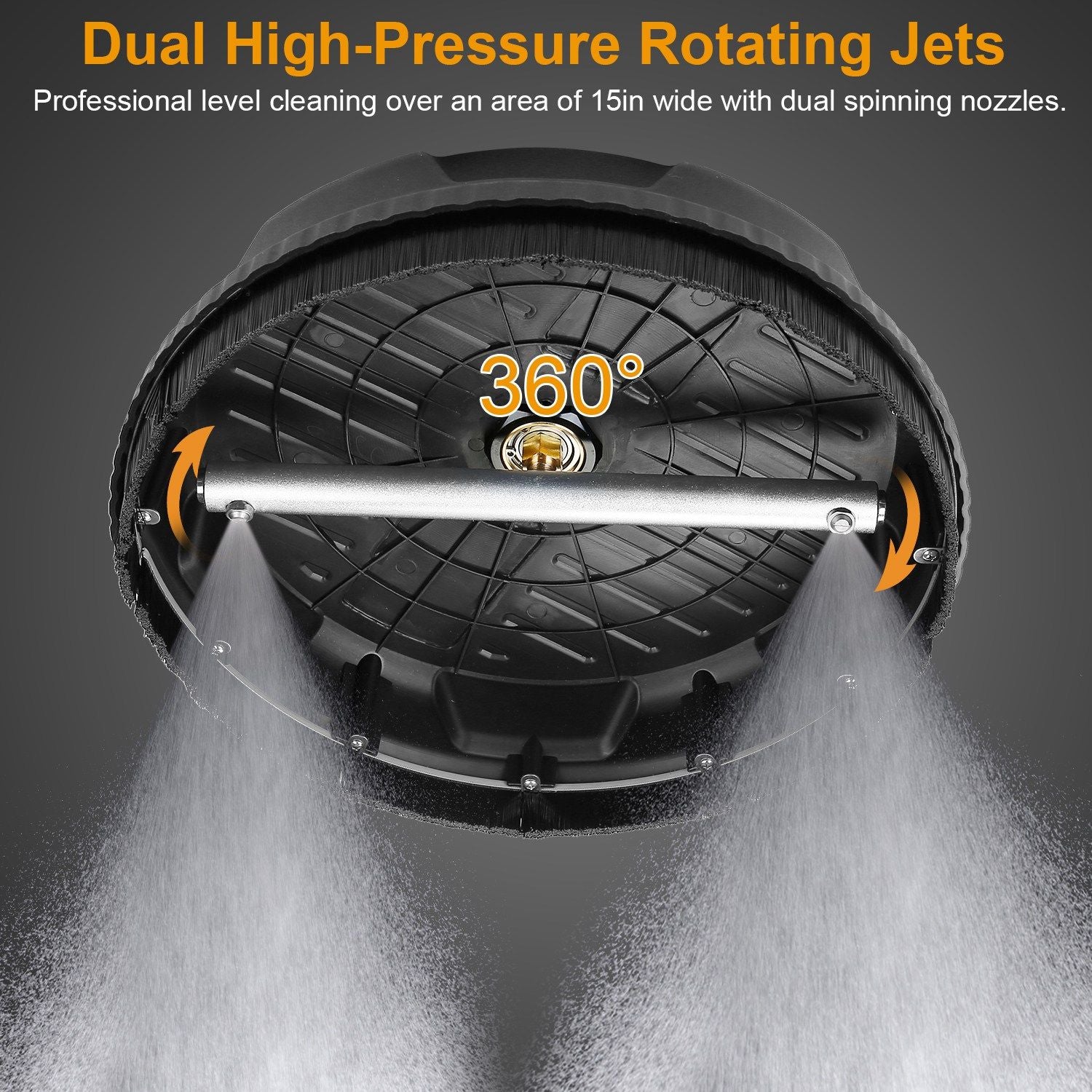High-pressure rotating jet surface cleaner with dual nozzles, showcasing 360-degree cleaning coverage and a 15-inch wide cleaning area.
