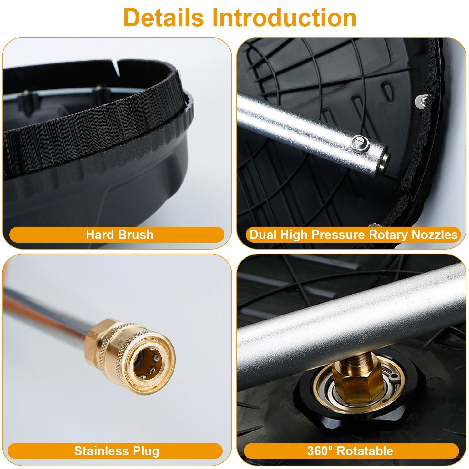 Product image showcasing a pressure washer attachment featuring a hard brush, dual high-pressure rotary nozzles, stainless plug for durability, and a 360-degree rotatable design for efficient cleaning.