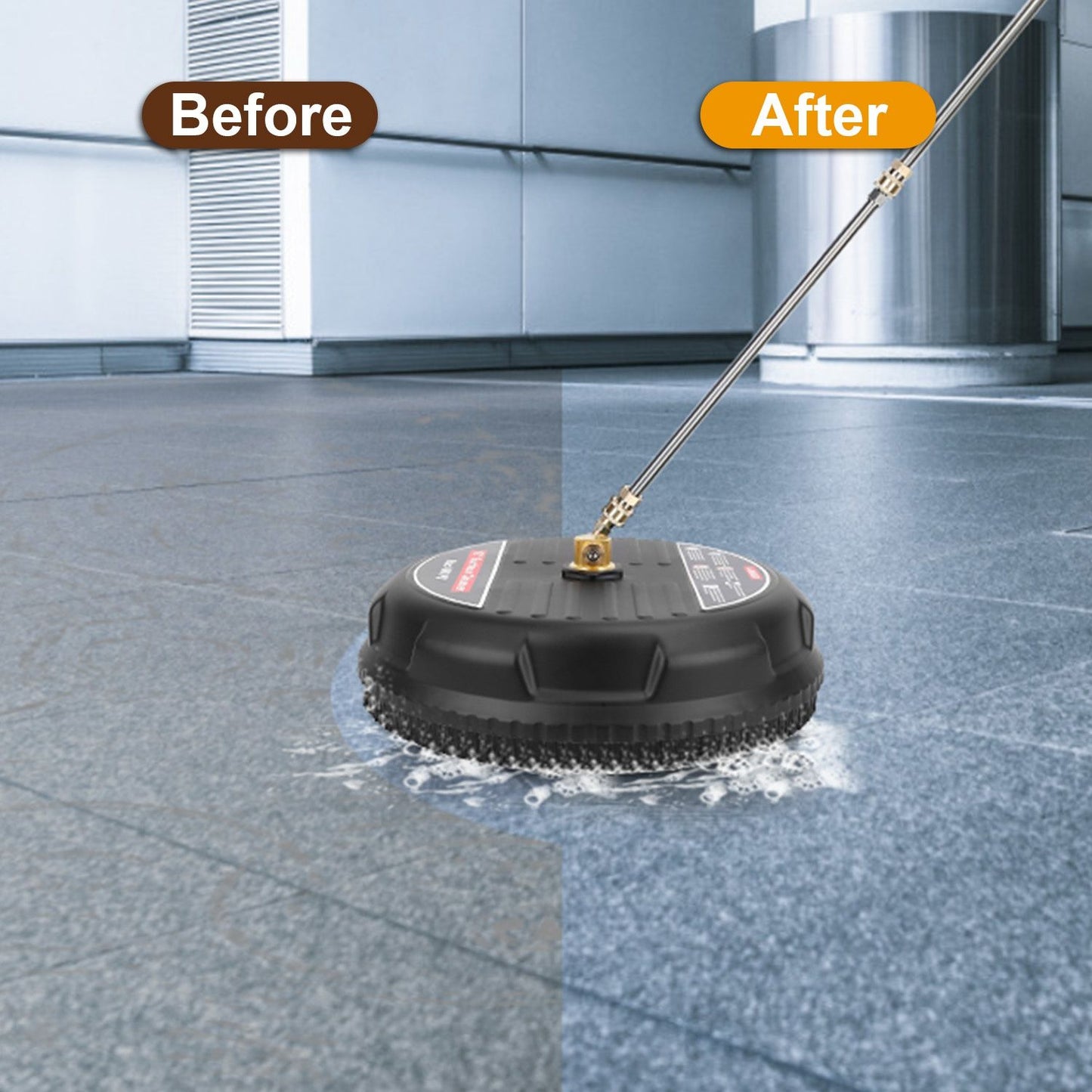Powerful floor cleaning surface tool demonstrating effective results, with a clear division showcasing 'Before' and 'After' cleaning, revealing glossy tiles on the right side.