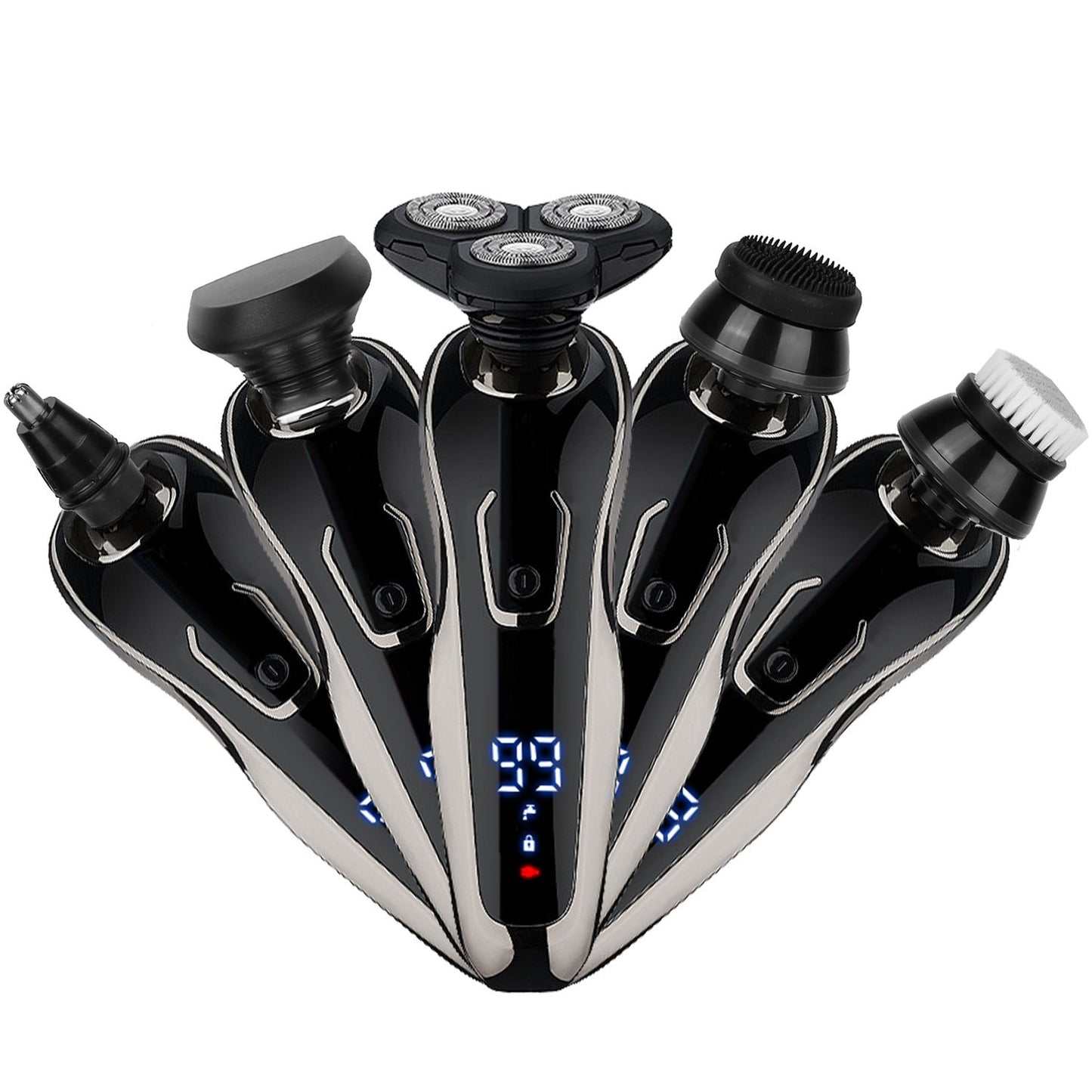 Five-in-one electric grooming kit featuring a stylish black and silver design, including a rotary shaver, nose hair trimmer, and facial cleansing brush, with an LED display showing battery life and settings.