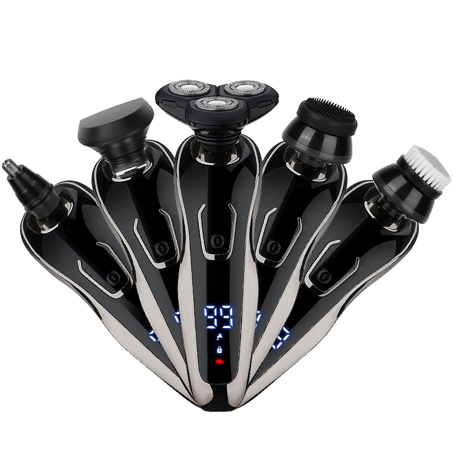 Five-in-one electric grooming kit featuring a stylish black and silver design, including a rotary shaver, nose hair trimmer, and facial cleansing brush, with an LED display showing battery life and settings.
