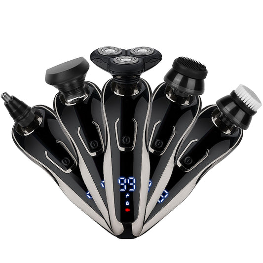 Five-in-one electric grooming kit featuring a stylish black and silver design, including a rotary shaver, nose hair trimmer, and facial cleansing brush, with an LED display showing battery life and settings.